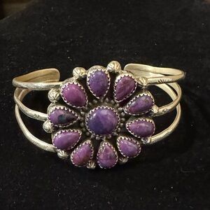 Sterling Silver 926 Mojave Turquoise Flower Cluster Cuff Bracelet New 27.5g